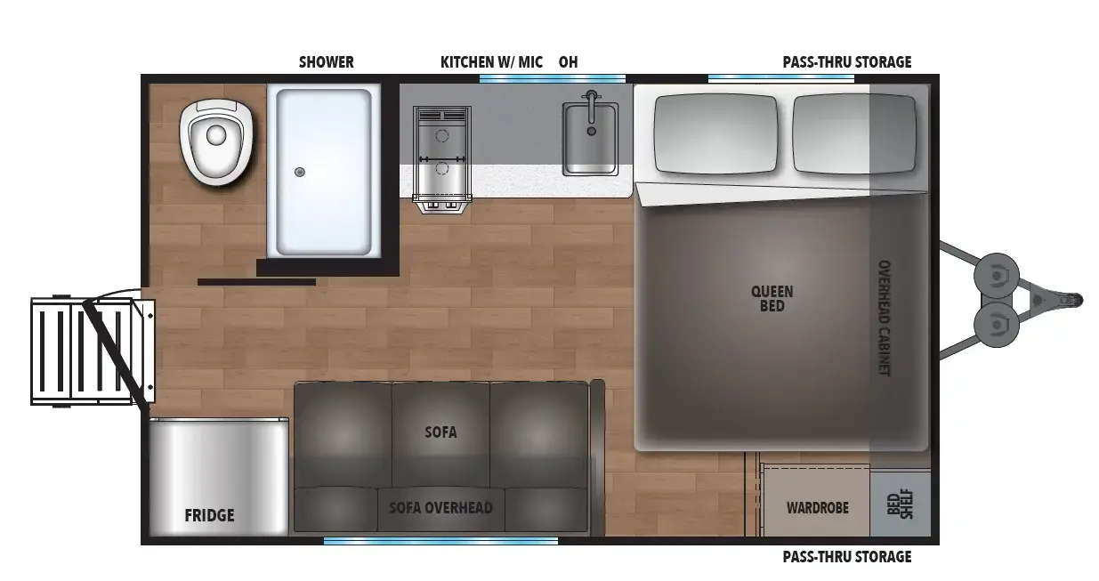 The Northern Spirit DLX & Compact 160RE floorplan has one entry and zero slide outs. Exterior features include: metal exterior. Interiors features include: front bedroom.